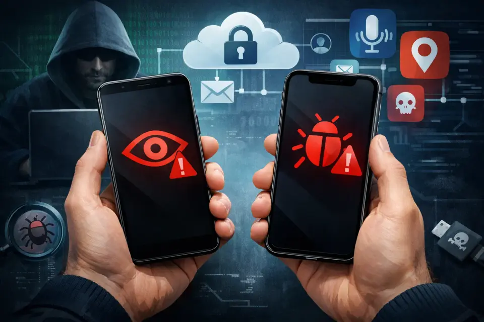 Smartfon z ekranem ustawień prywatności i aktywnymi ikonami mikrofonu oraz kamery