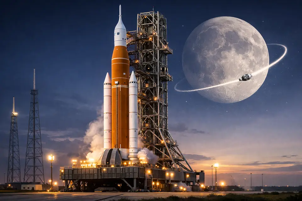 Rakieta NASA SLS z kapsułą Orion na wyrzutni 39B przed misją Artemis II