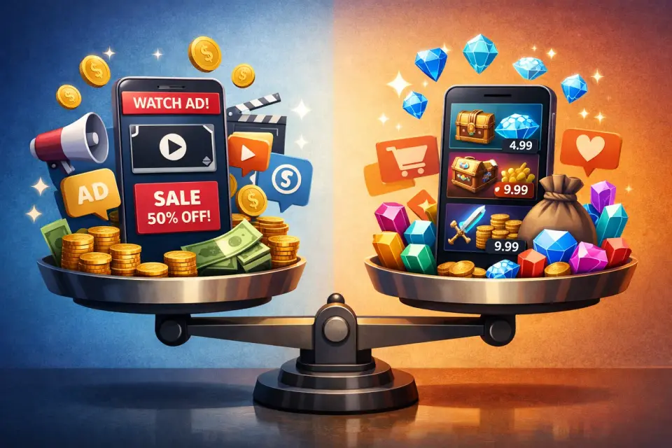 Ekran smartfona z grą mobilną oraz ikonami reklam i mikropłatności