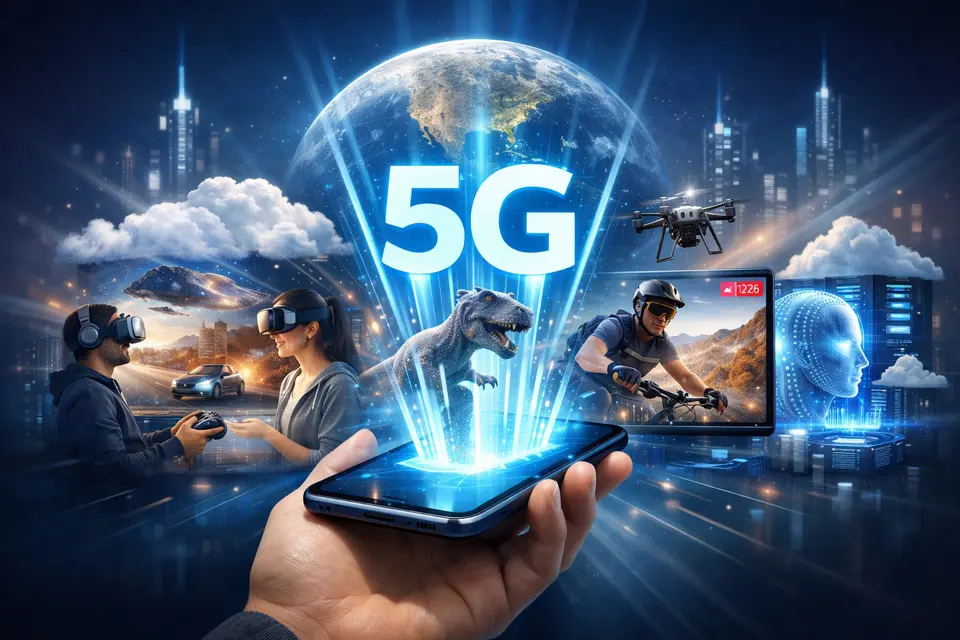 Smartfon z ikoną 5G i wizualizacją działania nowoczesnych aplikacji mobilnych