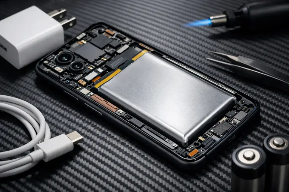 Smartfon ładowany przewodem z widoczną grafiką baterii