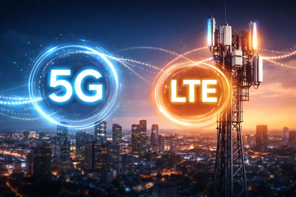 Smartfon pokazujący zasięg 5G i LTE na tle miejskiej infrastruktury sieciowej