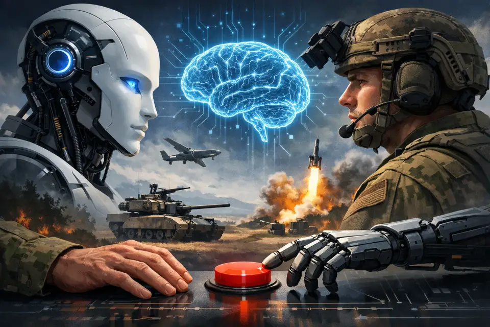 Operator wojskowy analizujący dane z dronów i systemów AI na ekranach