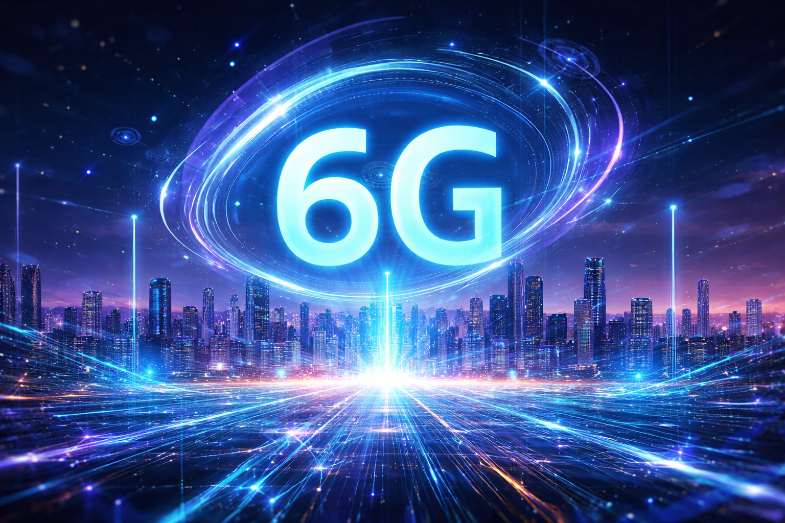 Wizualizacja sieci 6G nad nowoczesnym miastem z połączonymi urządzeniami