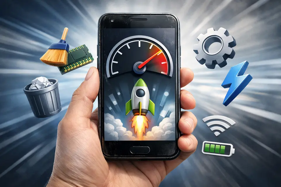 Starszy smartfon z otwartymi ustawieniami optymalizacji i czyszczenia pamięci