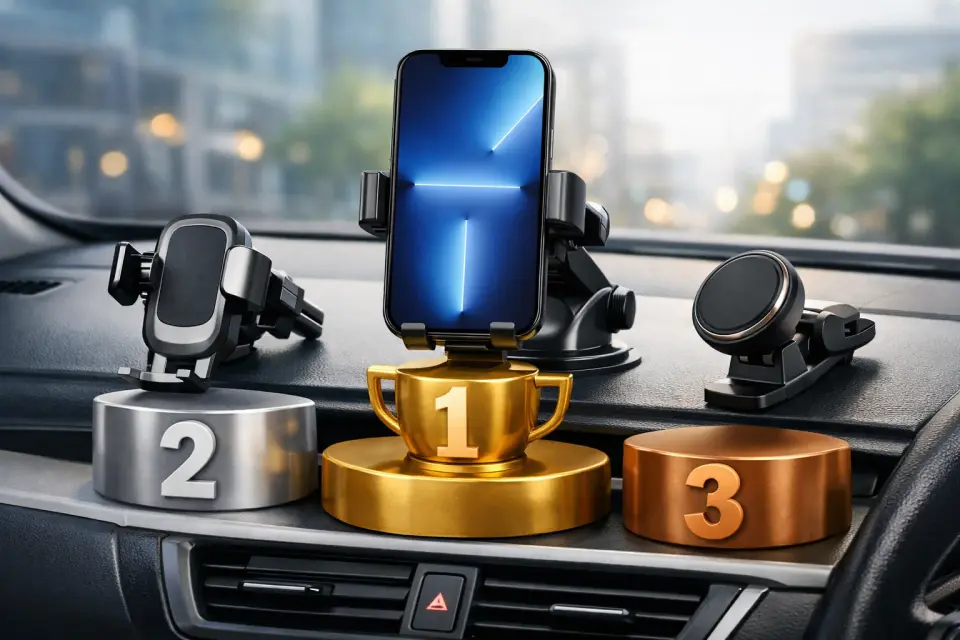 Uchwyt samochodowy na telefon zamocowany przy desce rozdzielczej auta