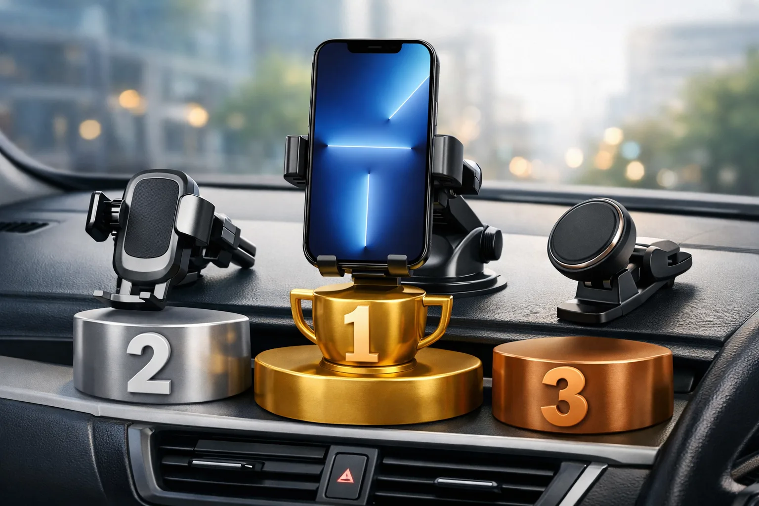 Uchwyt samochodowy na telefon zamocowany przy desce rozdzielczej auta