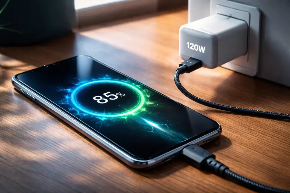 Smartfon podłączony do szybkiej ładowarki z widocznym wskaźnikiem ładowania baterii