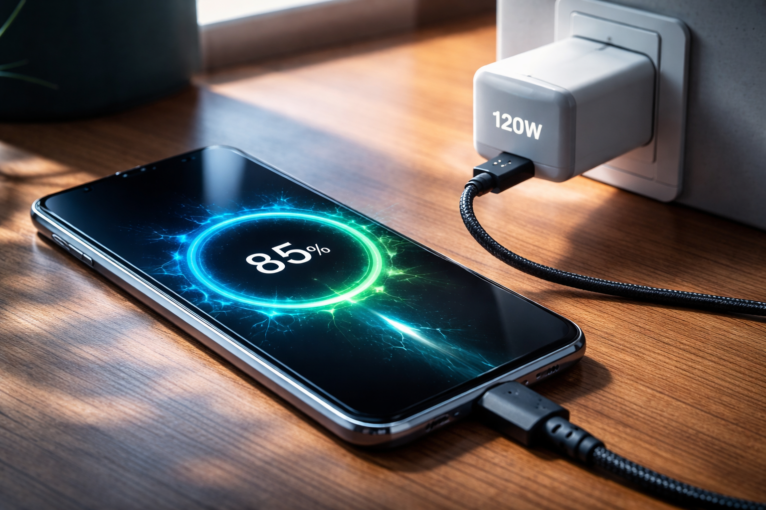 Smartfon podłączony do szybkiej ładowarki z widocznym wskaźnikiem ładowania baterii