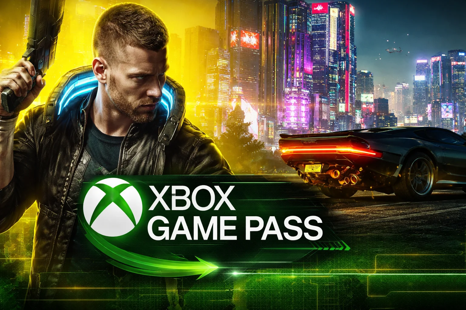 Grafika z Cyberpunkiem 2077 i logo Xbox Game Pass