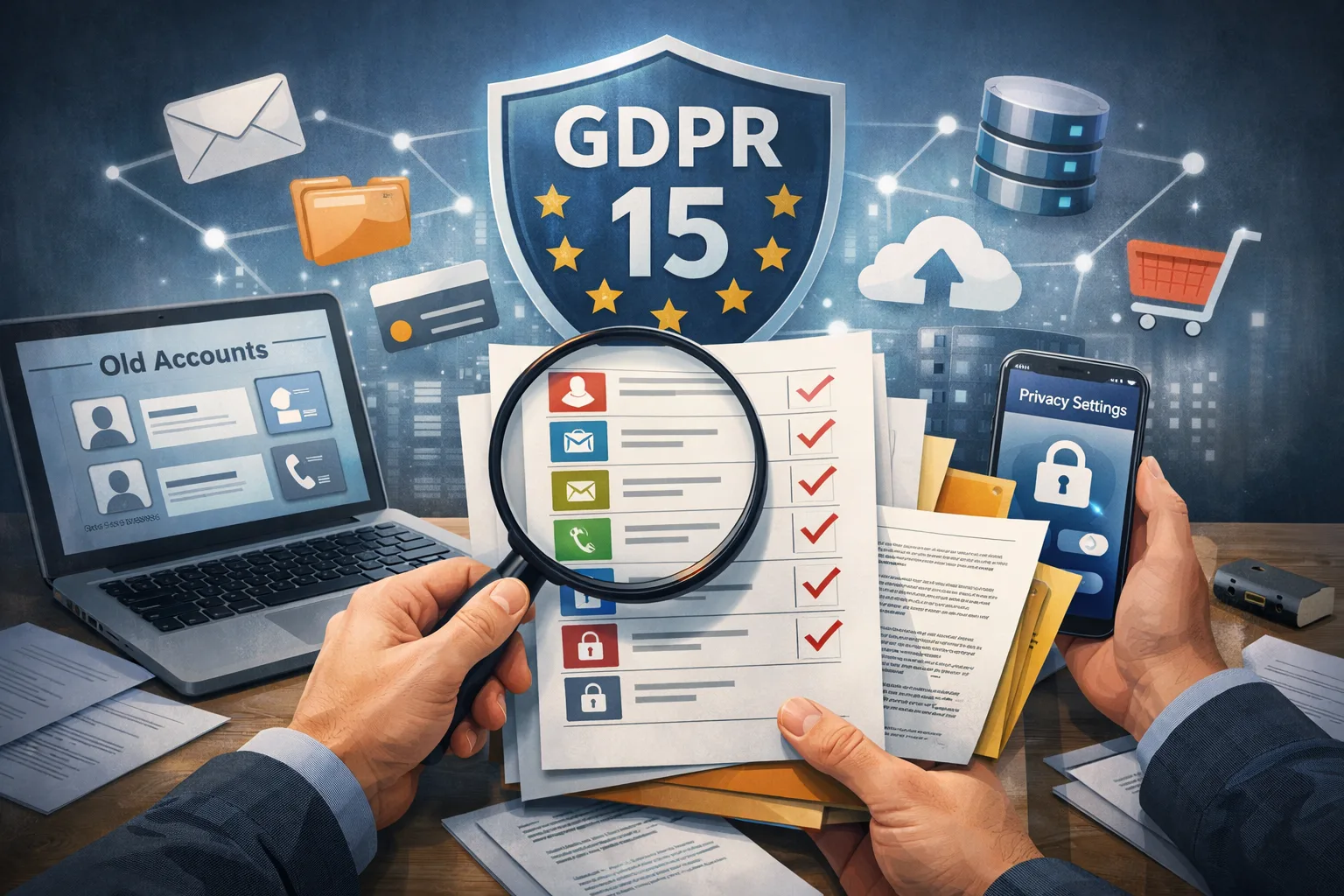 Osoba sprawdzająca ustawienia prywatności i dane osobowe na laptopie