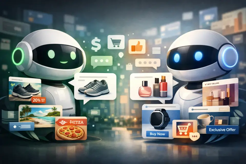 Interfejs chatbota AI z oznaczoną sponsorowaną rekomendacją