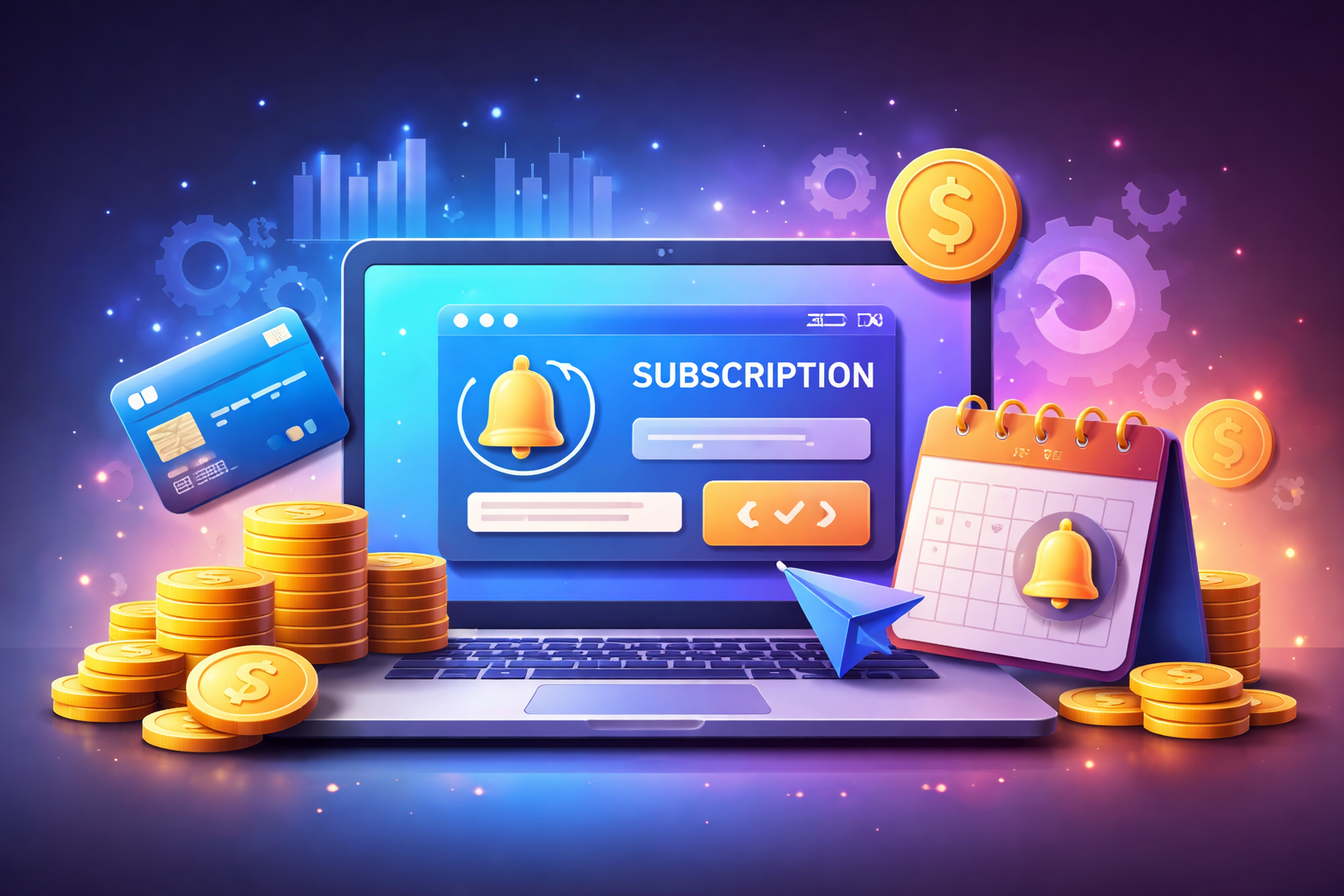 Ekran laptopa z ikonami aplikacji biurowych i symbolem subskrypcji oprogramowania