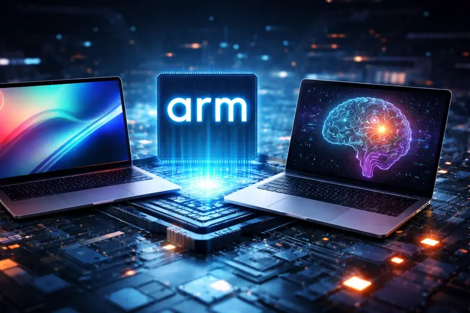 Nowoczesny cienki laptop z wizualizacją układu ARM i funkcji AI na ekranie