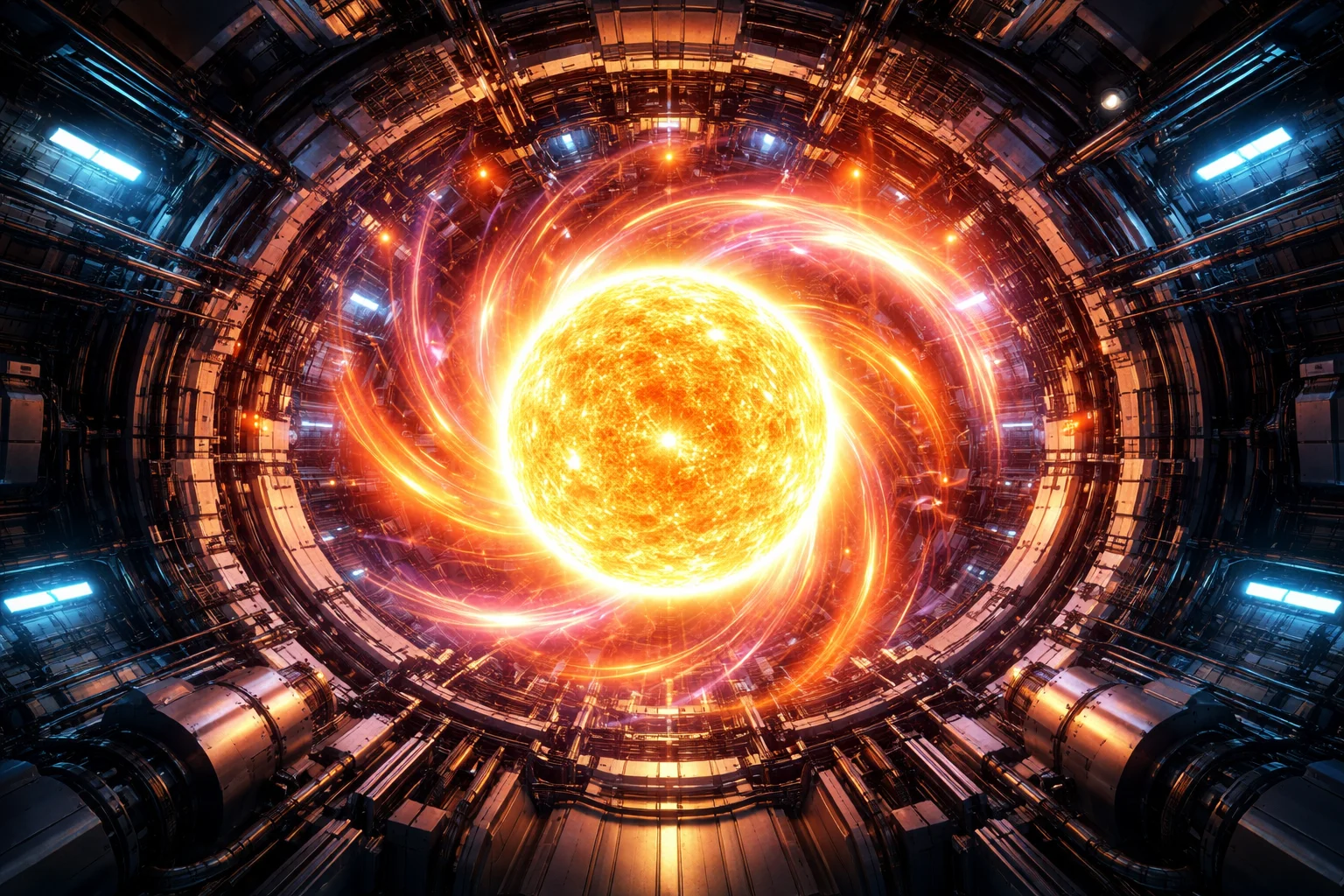 Wizualizacja reaktora fuzyjnego z rozświetloną plazmą wewnątrz komory