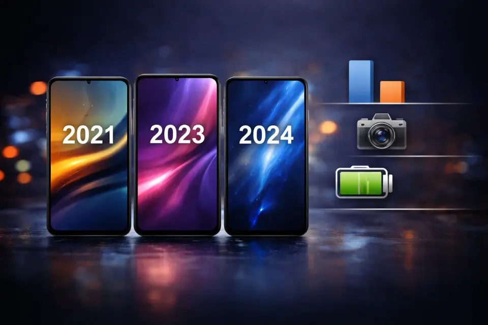 Kilka nowoczesnych smartfonów obok siebie, pokazujących podobny design kolejnych generacji