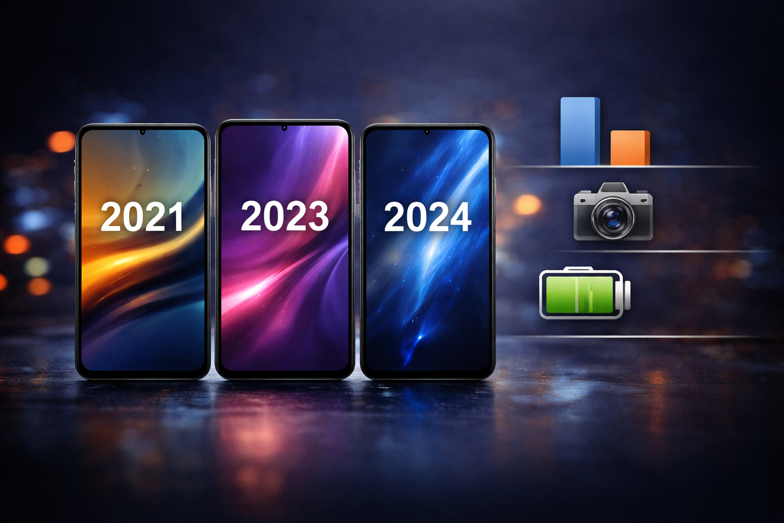 Kilka nowoczesnych smartfonów obok siebie, pokazujących podobny design kolejnych generacji