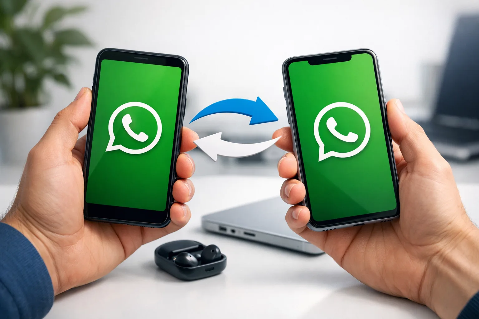 WhatsApp uruchomiony na dwóch smartfonach z ekranem parowania przez kod QR