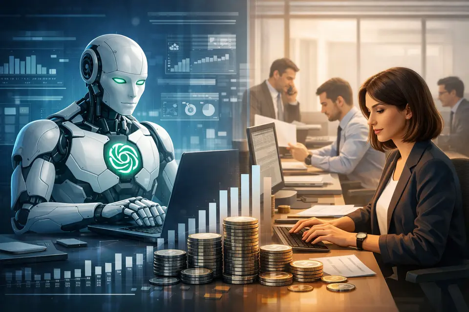 Pracownik biurowy korzystający z asystenta AI do obsługi dokumentów i maili