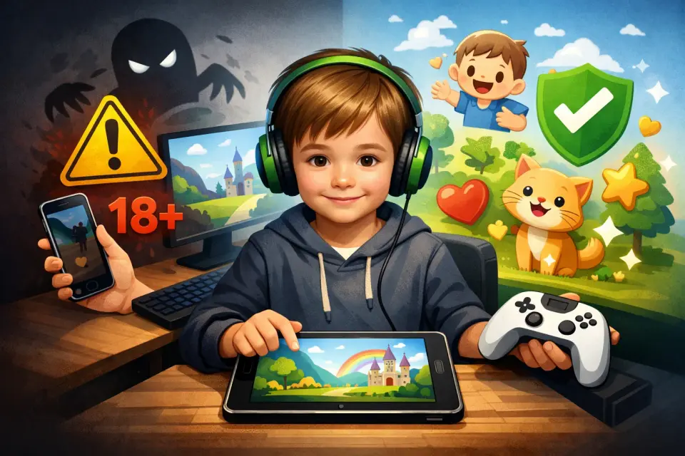 Dziecko grające w spokojną grę na tablecie pod kontrolą rodzica