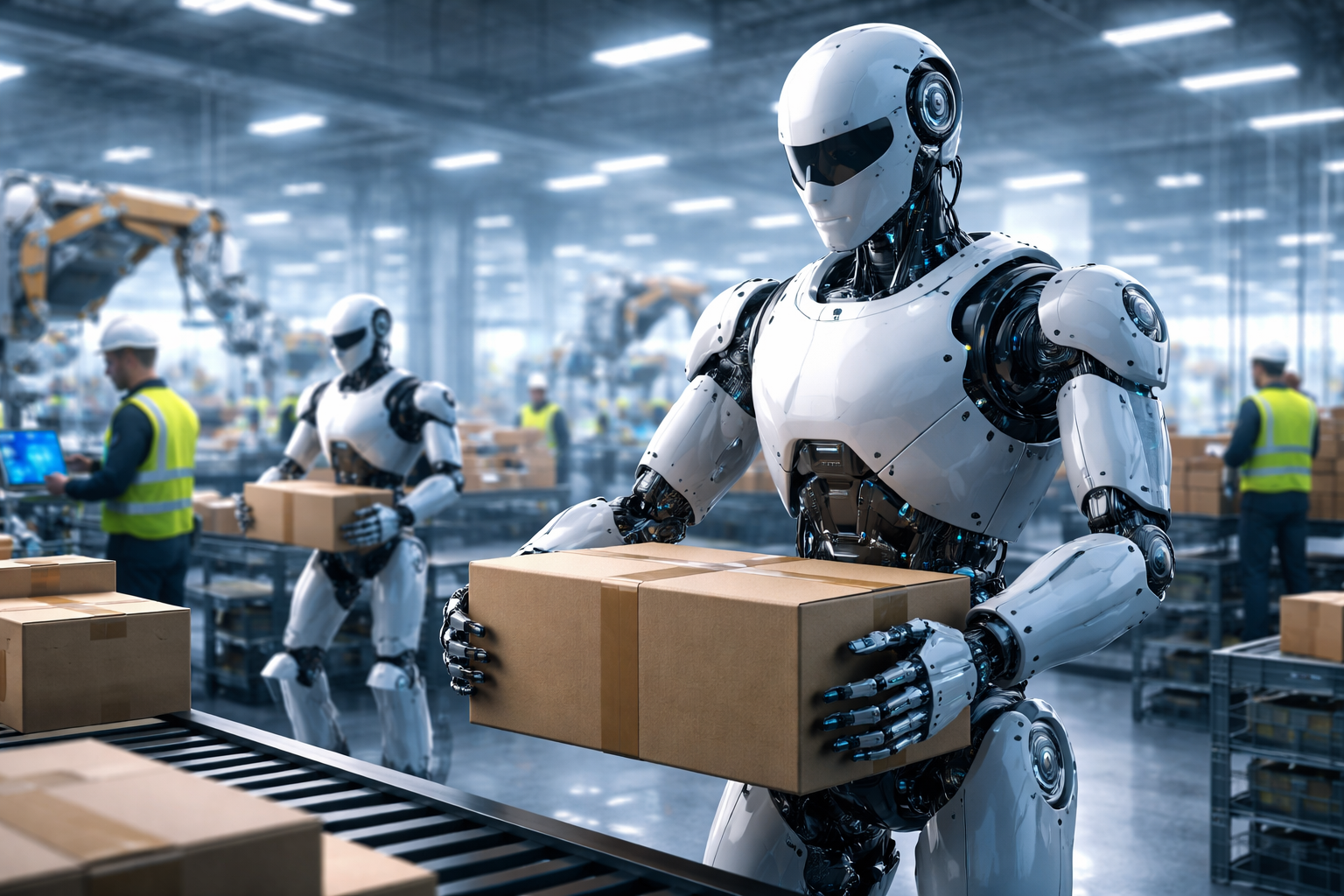 Robot humanoidalny pracujący w nowoczesnej hali produkcyjnej obok linii montażowej