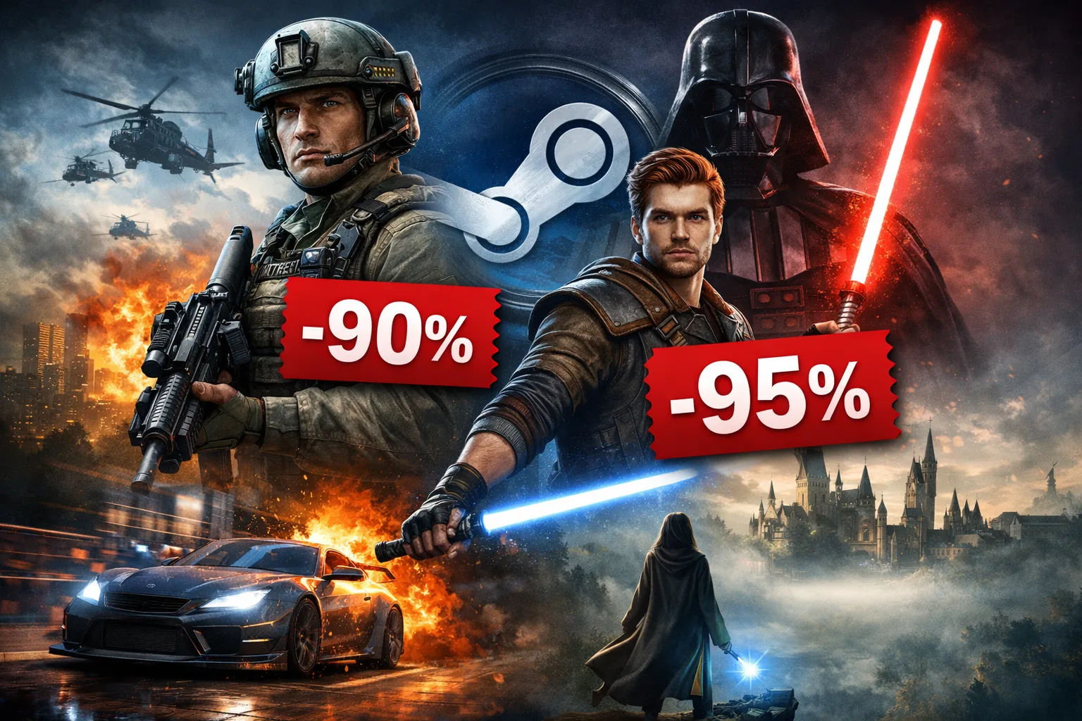 Ekran sklepu Steam z promocjami na gry Battlefield, Star Wars i Hogwarts Legacy