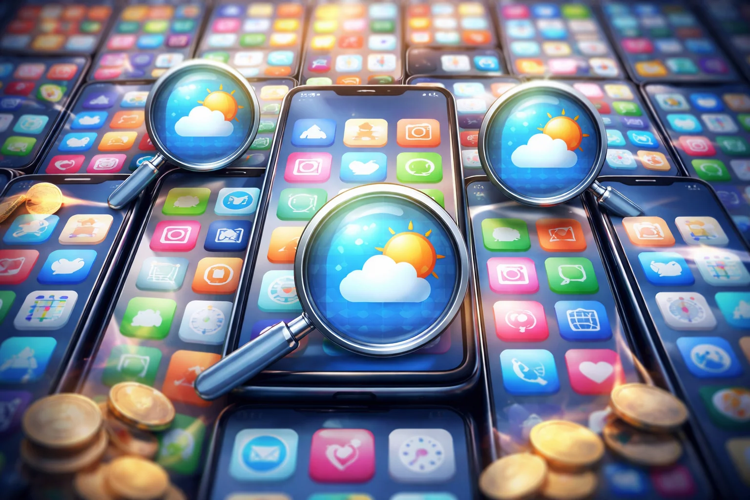 Ekran smartfona z ikonami aplikacji na tle sklepu mobilnego