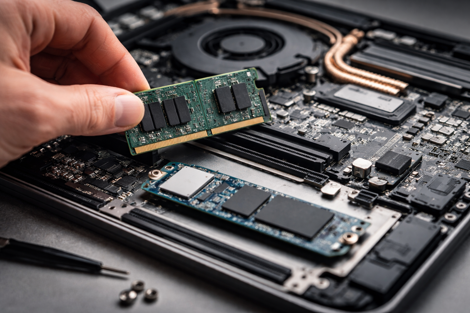 Wnętrze nowoczesnego laptopa z widoczną płytą główną, baterią i modułem SSD