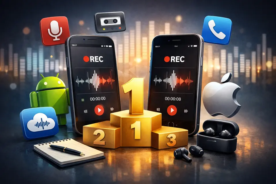 Smartfon z ekranem połączenia i ikoną nagrywania rozmowy na Androidzie i iPhonie