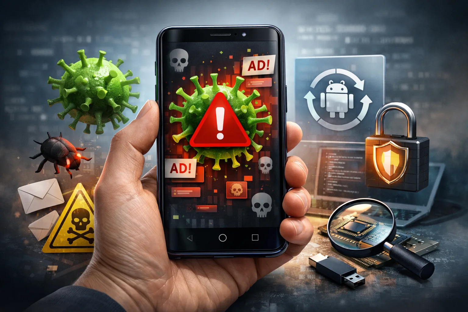 Smartfon z Androidem z ekranem ustawień bezpieczeństwa i skanowaniem aplikacji