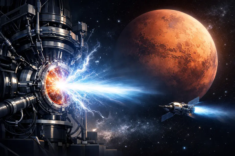 Wizualizacja statku Sunbird z napędem fuzyjnym w przestrzeni kosmicznej