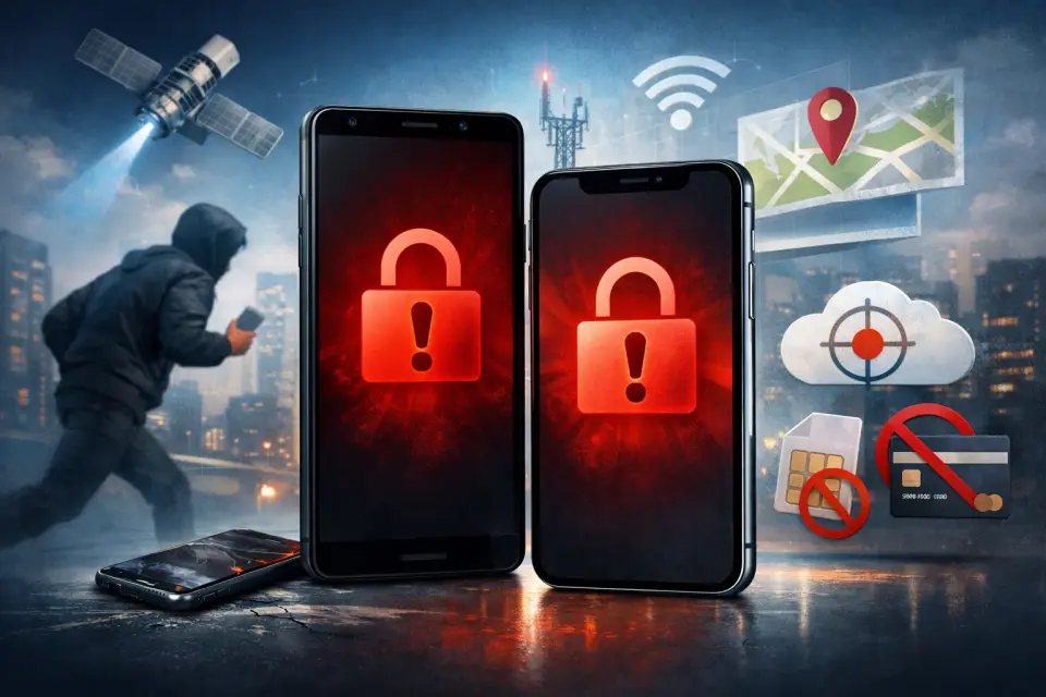 Zablokowany smartfon po kradzieży z ekranem lokalizacji urządzenia