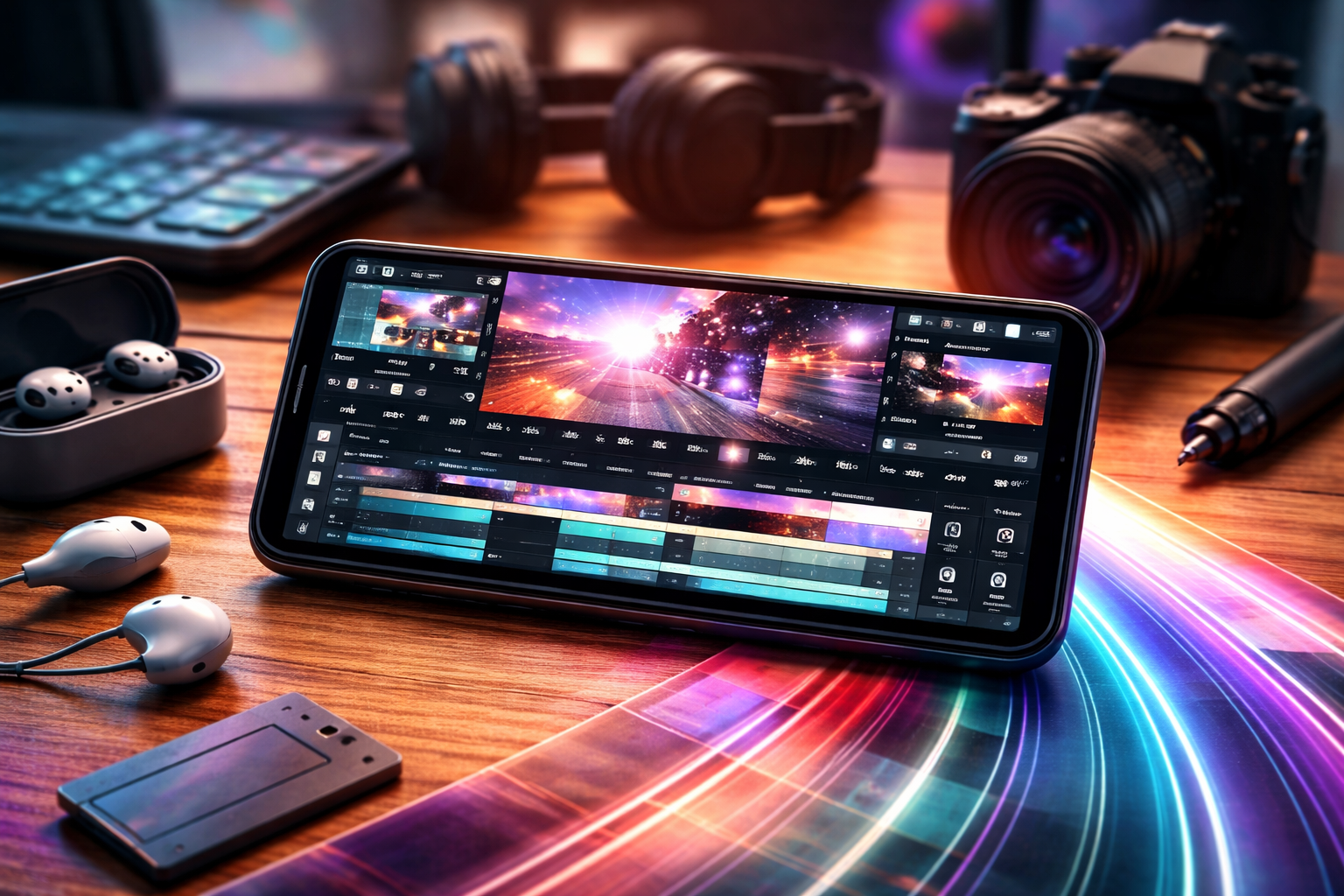 Ekran smartfona z aplikacjami do edycji wideo na Androida i osią czasu montażu