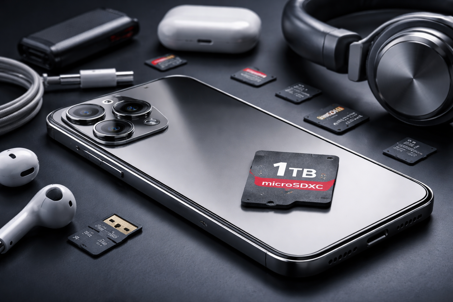 Smartfon premium z ekranem specyfikacji pokazującym wariant pamięci 1 TB