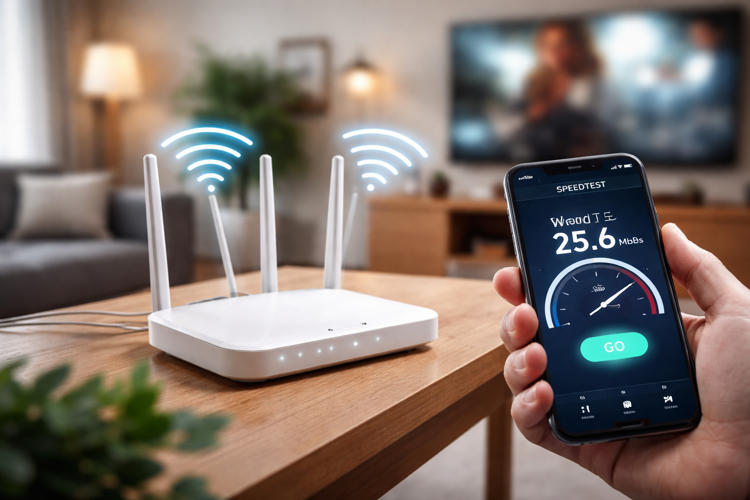 Router Wi‑Fi w mieszkaniu obok laptopa i telefonu pokazujących test prędkości internetu