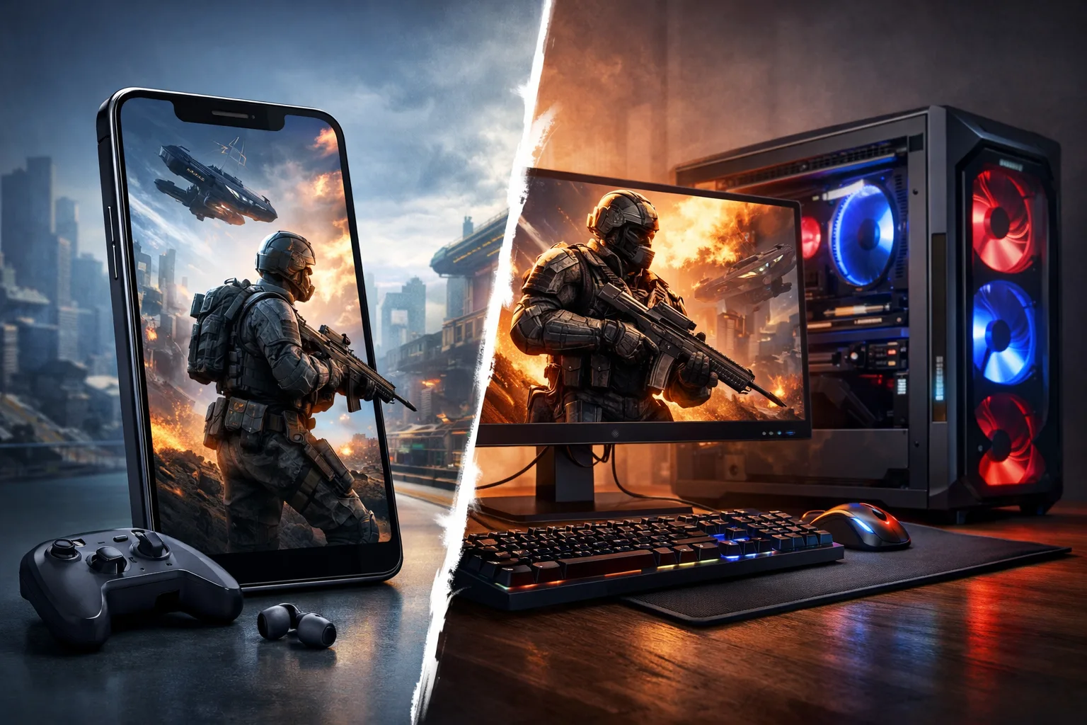 Smartfon z uruchomioną grą obok komputera gamingowego