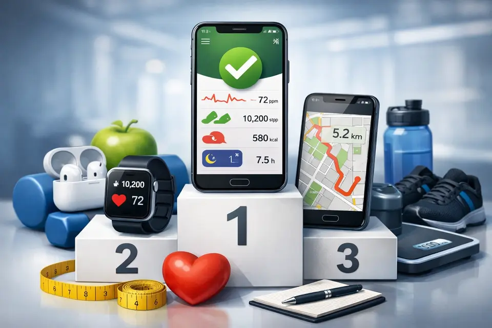 Smartfon i smartwatch z aplikacją zdrowotną pokazującą dane o aktywności, śnie i tętnie